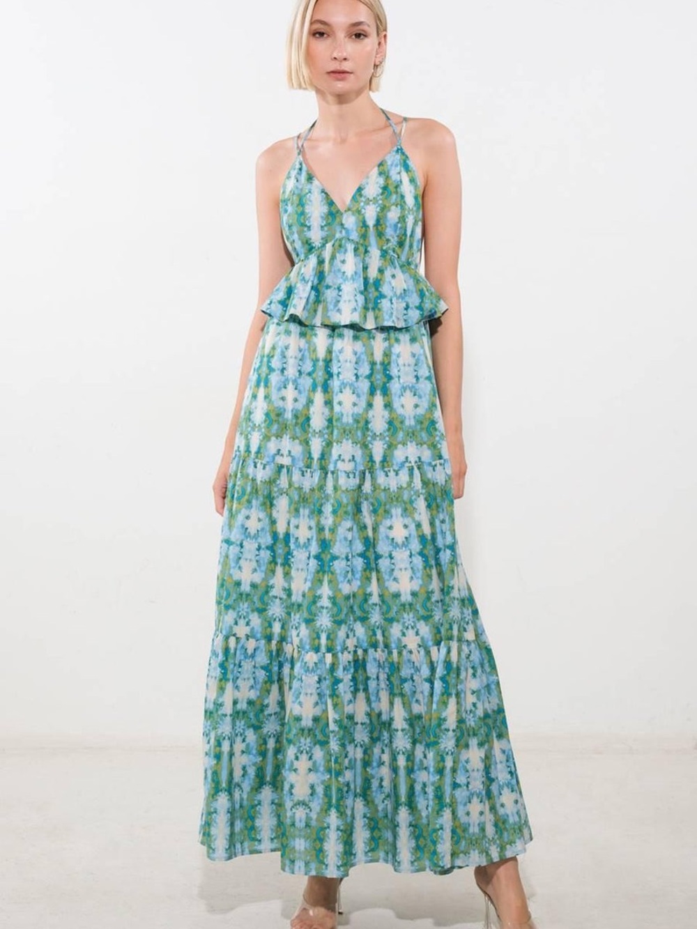 Flying Tomato Blue and Green Tie-Dye Peplum Maxi Dress